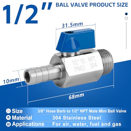 2Pack 3/8" Hose Barb to 1/2" NPT Male Mini Ball Valve 304 Stainless Steel Shut Off Valve with Clamps Kit for Air Water Fuel Gas (3/8" Barb x 1/2" NPT Male) - size: 3/8" Barb x 1/2" NPT Male