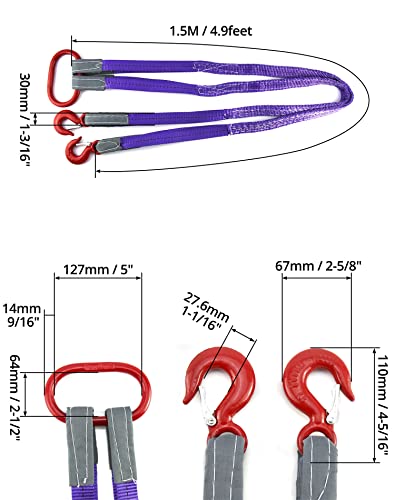 QWORK Lifting Slings Straps with Hooks - 5 Feet, 4409 Pounds Capacity, 2 Pack Polyester Webbing - Purple Rigging Straps for Engines, Cranes, Hoists