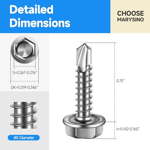 Self Tapping Screws for Metal 100Pcs #8 x 3/4" Sheet Metal Screws, 410 Stainless Steel Hex Head Self Drilling Screws for Metal Plastic Wood, High-Strength Quick Self-Tapping Screws by Marysino - color: Silver (#8), size: 3/4"