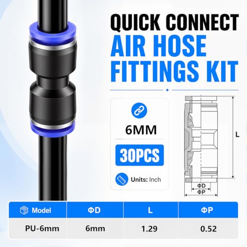 mxuteuk 30PCS 6mmOD Push to Connect Fittings,6mm OD Air Line Fittings,Quick Connect Air Hose Fittings for 6mm Tube - size: 6mmOD