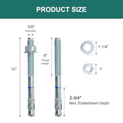 5/8" x 12" Concrete Anchors (10 Pack) 5/8 inch Wedge Anchors Bolts Zinc Plated - size: 5/8"x12"