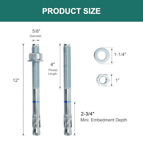 5/8" x 12" Concrete Anchors (10 Pack) 5/8 inch Wedge Anchors Bolts Zinc Plated - size: 5/8"x12"