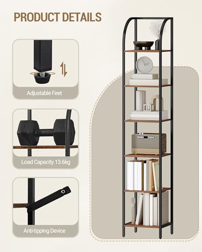 Hzuaneri Bookshelf Narrow Bookcase, Tall Storage Rack with Steel Frame - color: Rustic Brown, size: 11.8 × 13.2 × 71.9 inch