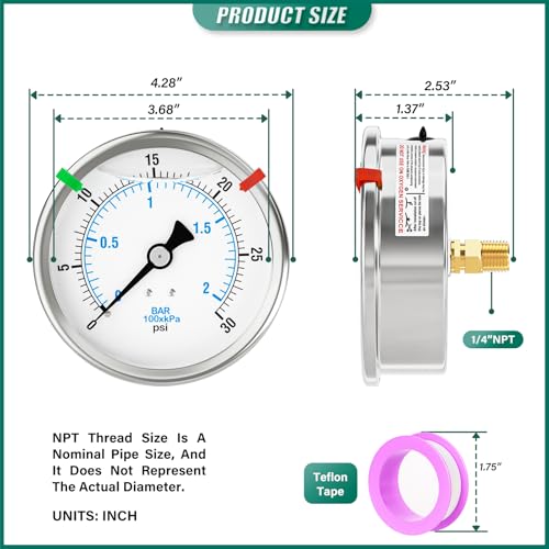 0-30PSI Stainless Steel Liquid Filled Pressure Gauge, 4" Dial Size, 1/4" NPT Back Mount, for Tube, Water Pump, Gas, Liquid, Pressure Test (with Range Mark Pointer) - size: 0-30 psi