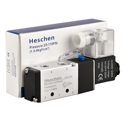 Heschen Electric Pneumatic Air Control Valve, Solenoid Control Valve 4V210-06 220VAC PT1/8 5 Way 2 Position Single Coil Electric Driven CE with Fittings and Muffler