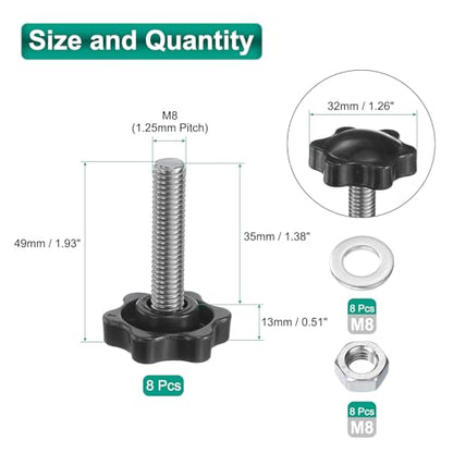 uxcell 8pcs Star Clamping Knobs with Nuts Washers, M8 x 35mm Metric 304 Stainless Steel Male Thread 32mm 6-Star Plastic Head, Threaded Stud Hand Knobs Handles Thumb Screws, Black - size: M8 x 35mm
