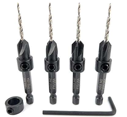 FTG USA #4 (7/64") Wood Countersink Drill Bit 4-Pc Set with 3/8" Depth Stop - size: #4, style: 4 Pc with Depth Stop