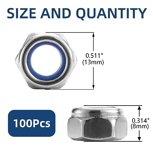 M8 x 1.25mm Nylon Insert Hex Lock Nuts 100Pcs 304 Stainless Steel Locknuts, Hex Drive, Bright Finish, by SG TZH - color: Silver, size: M8