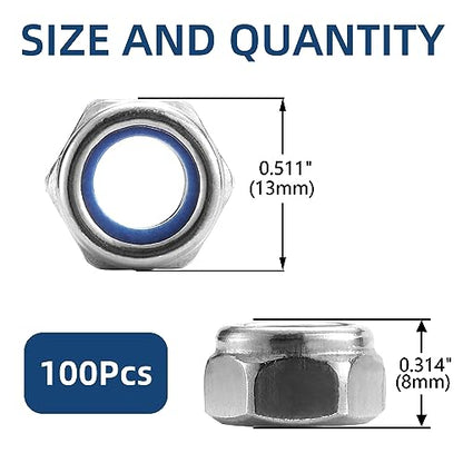 M8 x 1.25mm Nylon Insert Hex Lock Nuts 100Pcs 304 Stainless Steel Locknuts, Hex Drive, Bright Finish, by SG TZH - color: Silver, size: M8