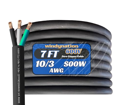 WindyNation 7 Feet 10/3 10 AWG SOOW SO Cable Cord Wire - 10 Gauge 3 Conductor 600V Portable Power Extension Cord Cable for EV Chargers, Motor Leads, Portable Lights, and Battery Chargers - size: 7 Feet