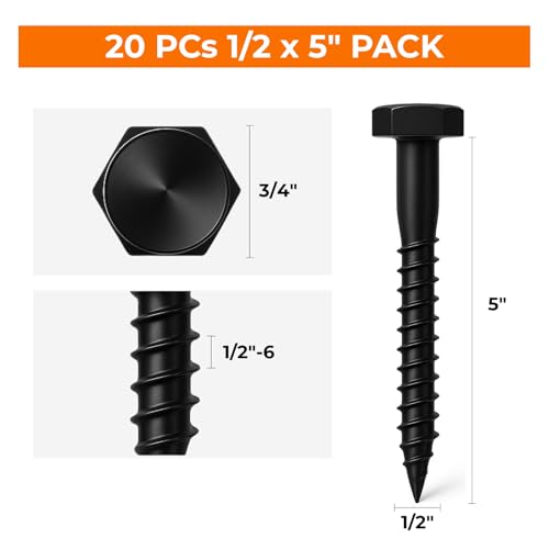 1/2 x 5 Black Lag Bolts, 20 PCs Heavy Duty Dacromet-Coated 304 Stainless Wood Lag Screws, Hex Head for Outdoor Framing Construction - color: Black, size: 1/2 x 5"