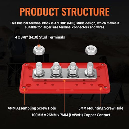 Joinfworld 300A Bus Bar 12V DC Waterproof Power Distribution Block with 4 x 3/8" Studs, Heavy Duty Marine Battery Bus Bar Terminal Block 12 Volt for Automotive, Car, Solar Wiring - Positive&Negative