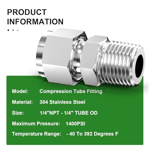 TAISHER 5PCS 304 Stainless Steel Compression Tube Pipe Fitting Connector, 1/4" Tube OD x 1/4" NPT Male - size: 1/4" OD x 1/4" MNPT