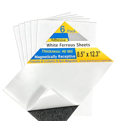 6 Pack, White Adhesive Metal Sheets-8.5” x 12.3”, Ferrous Sheet for Magnets Receptive, 40 Mil Thin Flexible Rubber Steel, Magnetic Miniatures Organization – Fits Standard US Really Useful Box - size: 8.5"X12.3"-6 Pcs, White