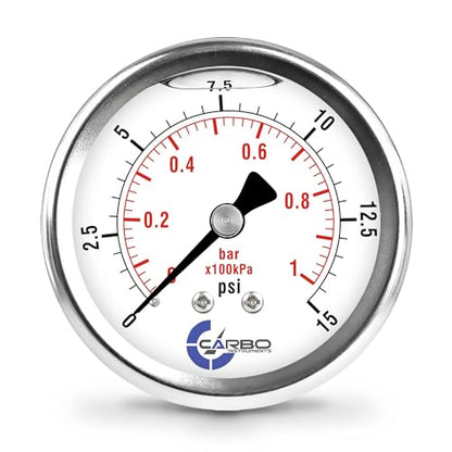15 PSI Glycerin Liquid Filled Pressure Gauge, 2.5" Dial, 1/4 NPT Back Mount, 304 Stainless Steel Case, Brass Wetted Parts, Dual Scale PSI/Bar - ASME B40.1 Grade A - size: 0-15 PSI, style: STANDARD
