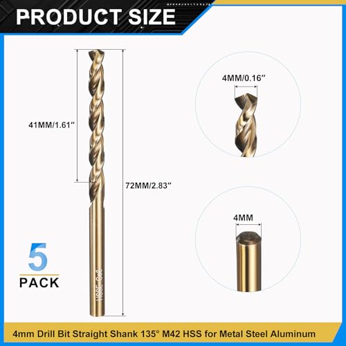 PATIKIL 4mm Drill Bit M42 8% Cobalt HSS 135° Gold Finish 5Pcs - size: 4mm