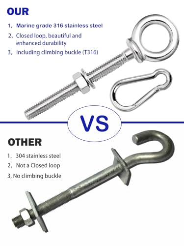 5 Pack M6 Eye Bolt, Eye Bolts with Nuts & Washers & Carabiners, 316 Stainless Steel Eye Bolt Heavy Duty, Marine Grade Threaded Eyebolts.