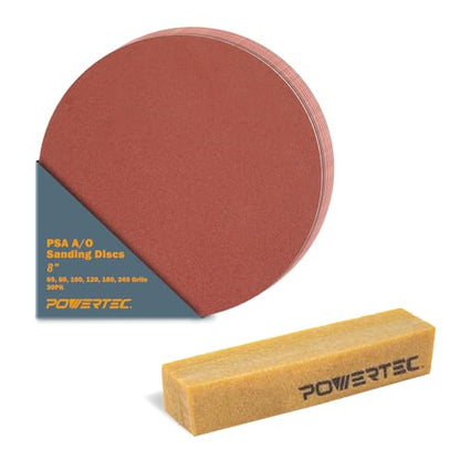 POWERTEC 110542 8 Inch PSA Sanding Discs & Abrasive Cleaning Stick Set | Assorted Sandpaper 30 PCS - 5 Each of 60,80,100,120,180,240 Grits for Drywall, Woodworking, Random Orbital Sanders, DA Sanders - style: 60-240 Grits, w/ Cleaning Stick