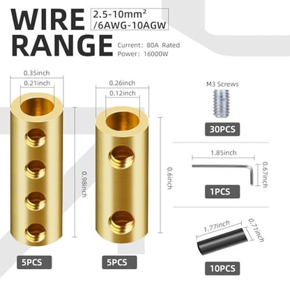 10PCS 6 8 10AWG Gauge Wire Butt Connector 2&4Nut Splice Kit Brass - color: 6AWG-80Amp-2&4Nuts, size: 10