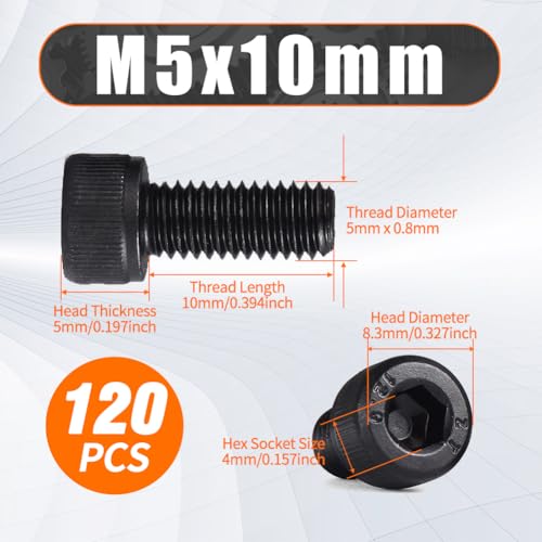M5 x 10mm Hex Socket Cap Head Screws Bolts, 120pcs Grade12.9 Machine Screws - size: M5x10mm