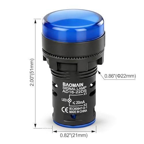 BAOMAIN 22mm LED Industrial Indicator Light,220V AC Pilot Signal Lamp for Industrial Machinery Control Circuits,7/8" Panel Mount, Screw Terminal,Blue,5-Pack - color: Blue