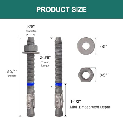 3/8" x 3-3/4" Concrete Anchors (20 Pack) 3/8 inch Wedge Anchors Bolts Hot Dip Galvanized - size: 3/8"x3-3/4" (20 PCS)