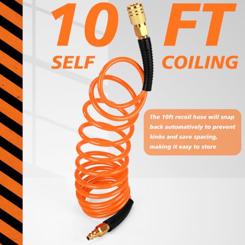 Flutesan 10 Pack 1/4 in x 10 ft Recoil Air Hose with Quick Coupler, Orange - color: Orange