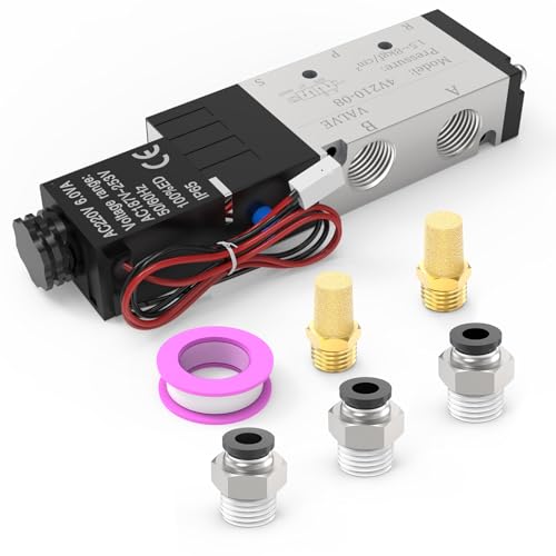 4V210-08 5-Way/2-Position Electric Solenoid Valve 1/4"NPT – Pilot-Operated AC220V, Aluminum Body with Outlet Wire - size: AC220V-Outlet Wire