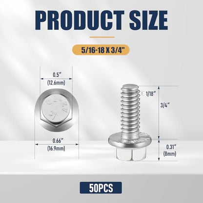 Zonon 50pcs 5/16-18 x 3/4 Inch 304 Stainless Steel Flanged Bolts, Silvery - color: Silvery, size: 5/16-18 x 3/4''