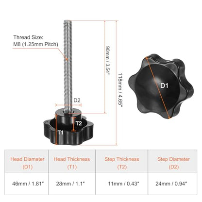 HARFINGTON 2pcs Star Knobs M8 x 90mm 304 Stainless Steel Threaded Stud 46mm Plastic 6-Star Head Hand Tightening Thumb Screw Clamping Jig Knob Handle, Black - size: M8 x 90mm x 46mm