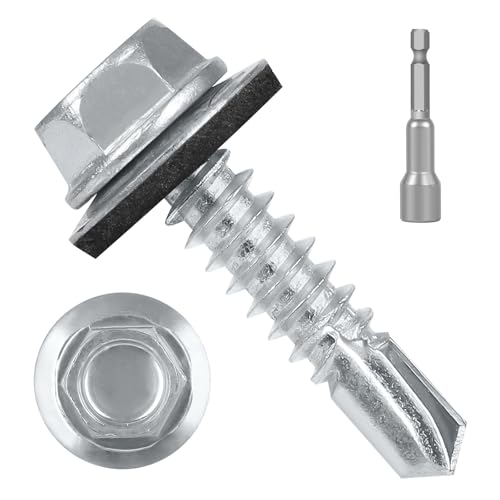 #10 x 3/4" (200 PCS) Metal Roofing Screws with Rubber Washer, Hex Head Self Tapping Screws for Metal, Self Drilling Sheet Metal Screw, Hex Bit Socket Included - size: #10 x 3/4"