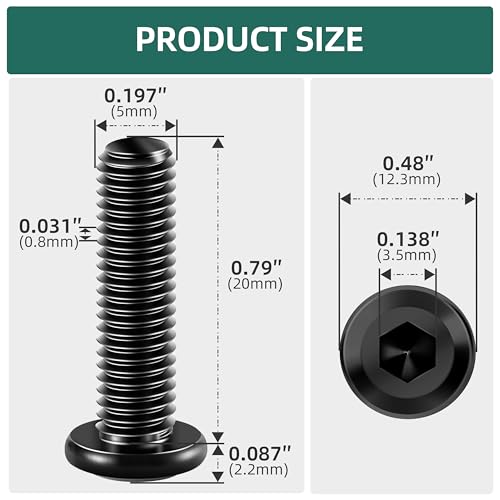 20Pcs M5-0.8 x 20mm Flat Head Socket Cap Screws Bolts 304 Stainless Steel Black Zinc Plated Furniture Bolts, Fully Threaded M5 Bolt with Hex Spanner - size: M5 x 20mm