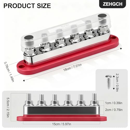 600A Bus Bar 12V Power Distribution Block with 3/8" Studs,Marine Battery Bus Bar Terminal Block Positive & Negative for Automotive Car Boat Solar System (600A 6 x 3/8" Terminal Studs) - size: 600A 6 x 3/8" Terminal Studs