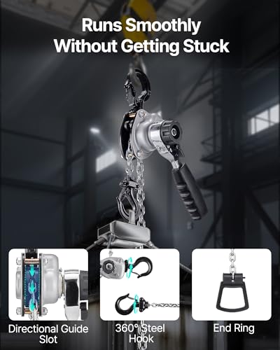 VEVOR Manual Lever Chain Hoist, 1/2T 1100LBS Capacity Heavy Duty Come Along, 5FT Lift G80 Alloy Steel Chain with Dual Pawl Mechanical Brake,360°Rotating Hooks, for Warehouse Construction Garage