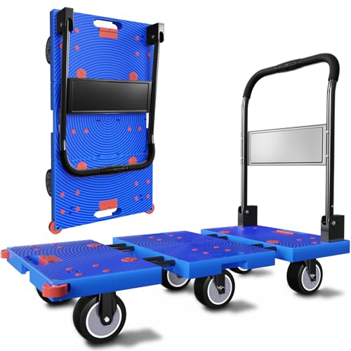 WUD 1323 lbs Heavy Duty Folding Platform Cart with Extendable Deck (31''–39''), 6-Wheel Support, 4'' Quiet Casters, Thick Reinforced Flatbed Dolly for Warehouse, Garage & Moving - color: Blue