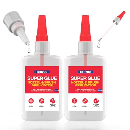 GH1200 2 PCs (2-in-1) Super Glue with Brush Applicator & Nozzle, Mess Free Superglue Brush, Instant Never Dries, 3000 CPS Ca Glue, No Stain Clear Glue, Super Glue for Plastic, Rubber & More - style: 20g x 2Pcs Super Glue Brush & Nozzle