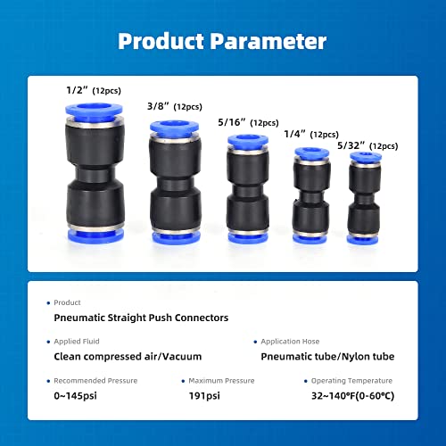 60Pcs Quick Connect Air Hose Fittings 5/32 1/4 5/16 3/8 1/2 inch Quick Release Pneumatic Push to Connect Fittings Kit Air Line Fittings for 5/32 1/4 5/16 3/8 1/2 inch Tube