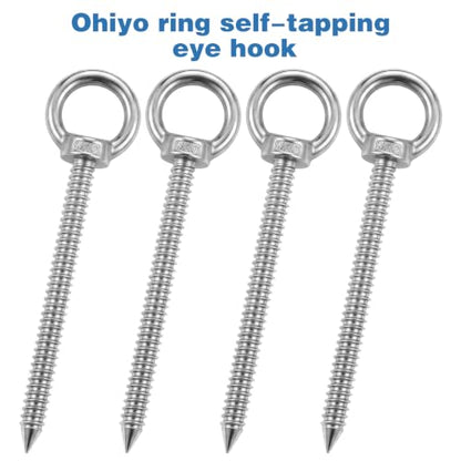 4 Pack 6.3" Heavy Duty Eye Hooks M10 Stainless Steel Screw in Eyelets