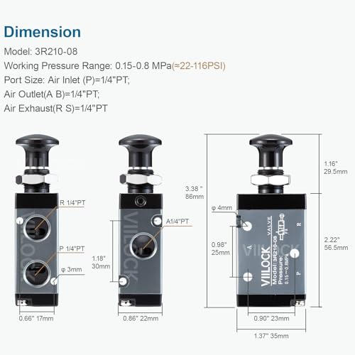 3R210-08 Push Pull Valve 3/2 Way 1/4"NPT Air Valve for Cylinder - size: 1/4"NPT, style: 3 way 2 position