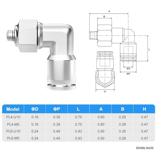 TAILONZ PNEUMATIC 304 Stainless Steel Male Elbow 4MM Tube OD x M5 Thread Push to Connect Fittings PL4-M5 (Pack of 5) - size: 4mm OD M5