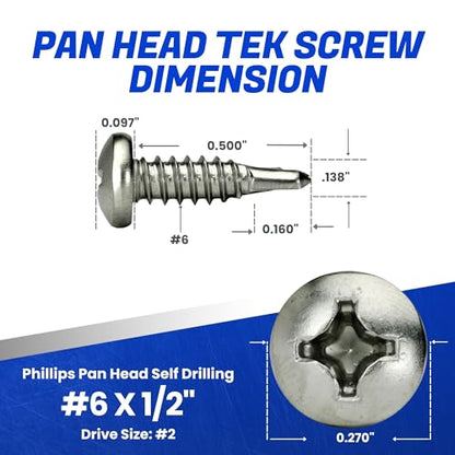 Fastenere Pan Head Self Drilling Tek Screws -#6 x 1/2" (100 Pack) Stainless Steel 410, Full Thread, Bright Plain Finish, Corrosion-Resistant, Self-Drilling, Easy to Install w/Phillips Drive Size #2 - size: #6 x 1/2" (100 Pack)