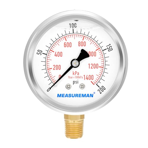 MEASUREMAN 2-1/2inch Dial Size, Liquid Filled Pressure Gauge, 0-200psi/kpa, 304 Stainless Steel Case, 1/4 inchNPT Lower Mount - size: 0-200 psi, style: Lower Mount