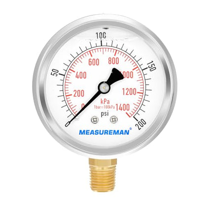 MEASUREMAN 2-1/2inch Dial Size, Liquid Filled Pressure Gauge, 0-200psi/kpa, 304 Stainless Steel Case, 1/4 inchNPT Lower Mount - size: 0-200 psi, style: Lower Mount