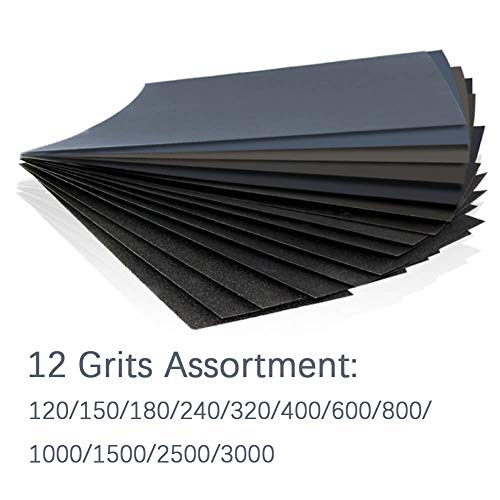 HSYMQ 24PCS Sand Paper Variety Pack Sandpaper 12 Grits Assorted for Wood Metal Sanding, Wet Dry Sandpaper 120/150/180/240/320/400/600/800/1000/1500/2500/3000 Grit