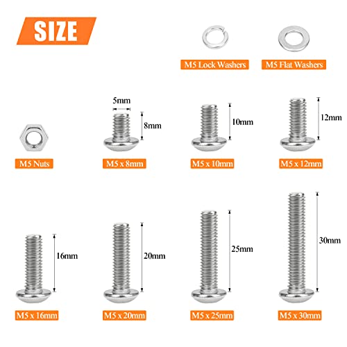 HELIFOUNER 228 Pieces M5 x 8mm /10mm /12mm /16mm /20mm /25mm /30mm, Button Head Socket Cap Screws Bolts Washers Nuts Kit, 304 Stainless Steel - size: M5, style: Button Head Screws