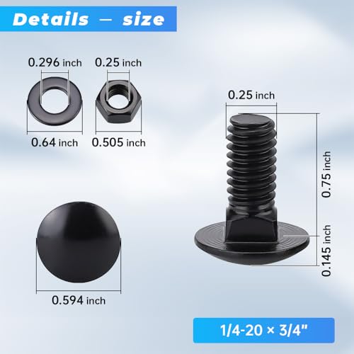 Glvaner (10 Sets) 1/4-20 x 3/4" Stainless Steel Carriage Bolts Screws Black and Hex Nuts & Flat Washers Black, Round Head Square Neck, 304 Stainless Steel 18-8, Full Thread Coverage - size: 1/4-20 x 3/4"