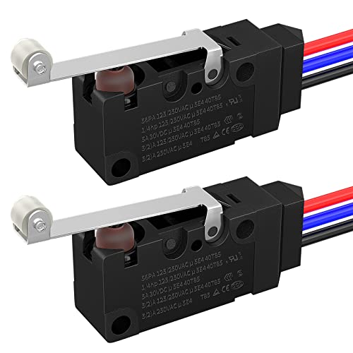 Joinfworld Waterproof Micro Limit Switch with Long Straight Hinge Lever SPDT 3 PIN Pre-Wired 10A 125 250V Micorswitch for Arduino, Appliance and Electronic - 2Sets - style: WS2-Roller Lever