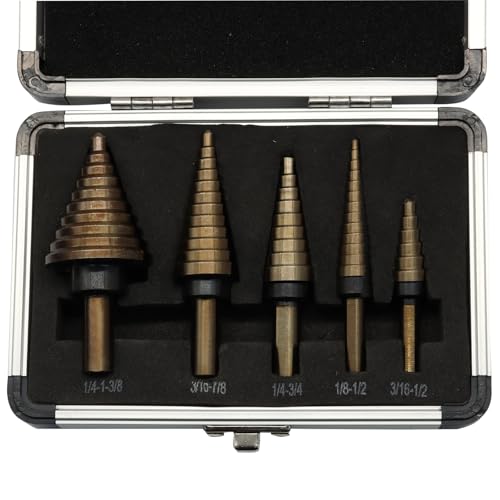 Titanium Step Drill Bit Set, Silver, 5PCS, 3/16" to 1-3/8" - color: Silver