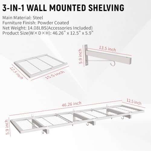 2 Pack Garage Wall Shelving, 46" x 12.5" Heavy Duty Storage Racks, Garage Shelves Wall Mounted with 8 Hooks, 320 LBS Capacity Floating Metal Shelf Organizer for Laundry Room, Basement, Workshop - size: C-2 PACK