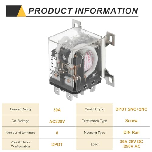 Generic AC220V 30A Electromagnetic Relay, High Power Relay DPDT 2NO 2NC 8 Terminals Din Rail Mounting